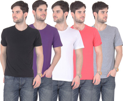 

E'Hiose Solid Men's Round Neck Multicolor T-Shirt(Pack of 5, Black;gajri;grey;purple;white