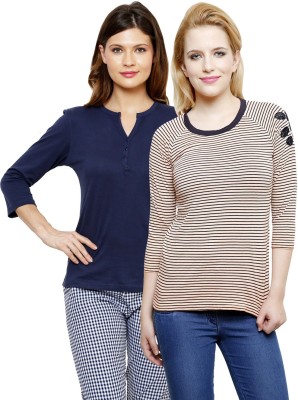 

LimeBerry Striped, Solid Women' Round Neck Orange, Dark Blue T-Shirt(Pack of 2, Dark blue;orange