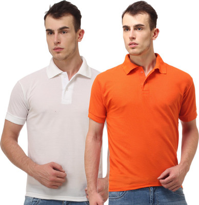 

Lime Solid Men's Polo Neck White, Orange T-Shirt(Pack of 2