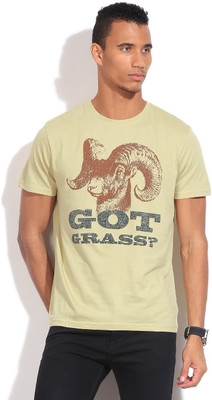 

People Printed Men' Round Neck Beige T-Shirt, Lt.khakhi