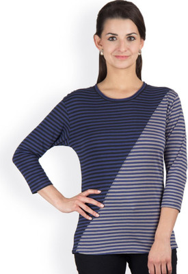 

Hypernation Striped Women' Round Neck Dark Blue, Grey T-Shirt