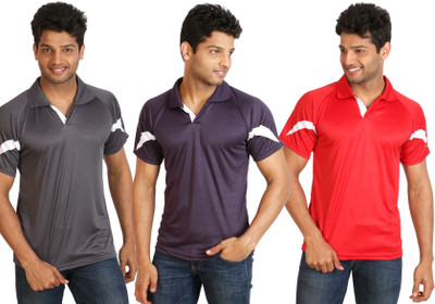 

Campus Sutra Solid Men Polo Neck Grey, Red, Purple T-Shirt(Pack of 3)