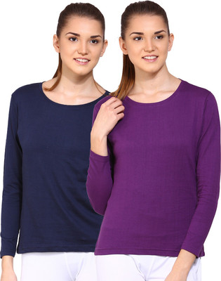 

Ap'pulse Solid Women's Round Neck Dark Blue, Purple T-Shirt(Pack of 2), _navy_lilc
