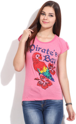 

Flying Machine Printed Women's Round Neck Pink T-Shirt, Rouge red