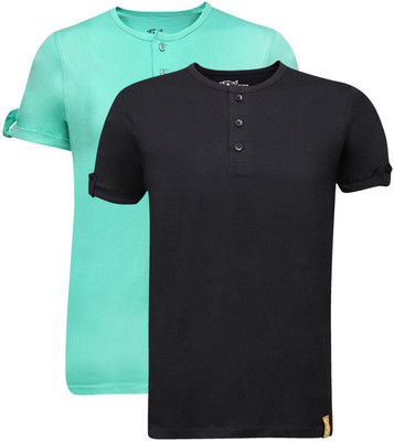 

Campus Sutra Solid Men Henley Multicolor T-Shirt(Pack of 2, Black;sea green