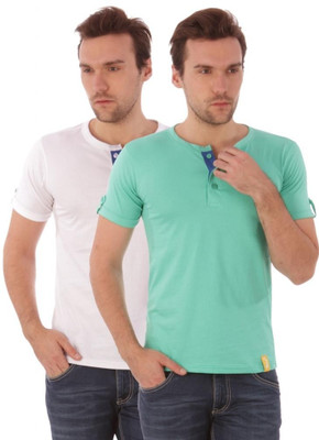 

Campus Sutra Solid Men Henley White, Green T-Shirt(Pack of 2, Sea green;white