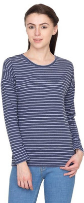 

Hypernation Striped Women's Round Neck Blue T-Shirt