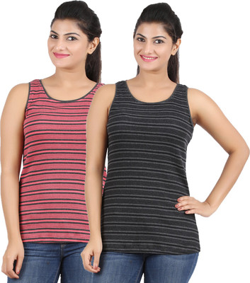 

Hoodz Striped Women's Round Neck Multicolor T-Shirt(Pack of 2), Cinnamon/black