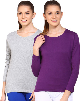 

Ap'pulse Solid Women's Round Neck Grey, Purple T-Shirt(Pack of 2), _gmel_lilc
