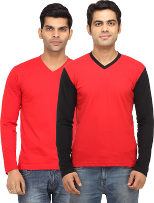 

Leana Solid Men's V-neck Red, Black T-Shirt(Pack of 2, Black;red