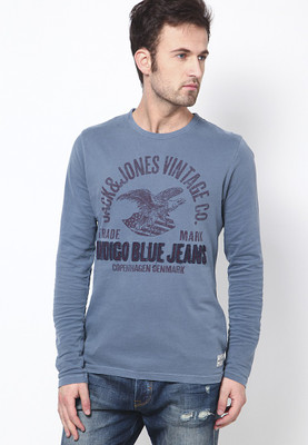 Jack & Jones Graphic Print Men's Round Neck Blue T-Shirt, Faded denim