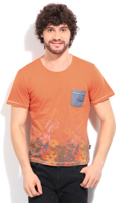 

Indicode Floral Print Men's Round Neck Orange T-Shirt, 115peach orange
