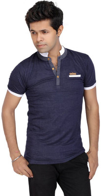 

JG FORCEMAN Solid Men's Mock Neck Dark Blue T-Shirt