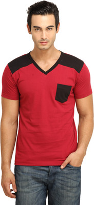 

Fio Solid Men' V-neck Maroon, Black T-Shirt