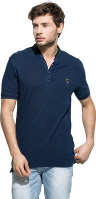 

Mufti Solid Men's Mandarin Collar Dark Blue T-Shirt, Indigo