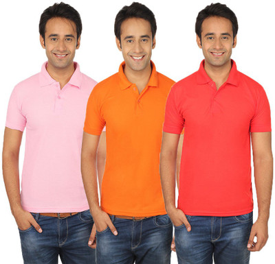 

Quetzal Solid Men's Polo Neck Multicolor T-Shirt(Pack of 3, Orange;pink;red