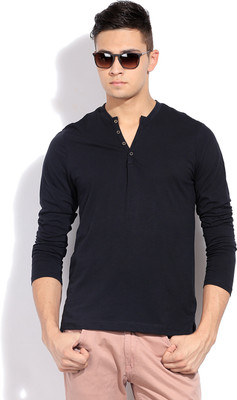 

Freecultr Solid Men's Henley Black T-Shirt, Jet black
