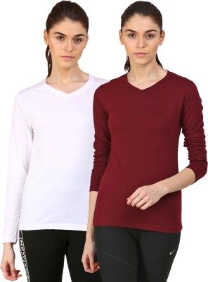 Ap'pulse Solid Women V Neck White, Maroon T-Shirt