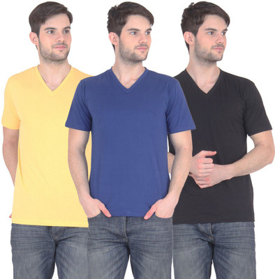 

E'Hiose Solid Men' V-neck Multicolor T-Shirt(Pack of 3, Black;blue;yellow