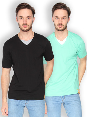 

Campus Sutra Solid Men V-neck Black, Light Green T-Shirt(Pack of 2)