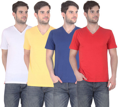 FnMe Solid Men' V-neck Multicolor T-Shirt(Pack of 4, Blue;red;white;yellow
