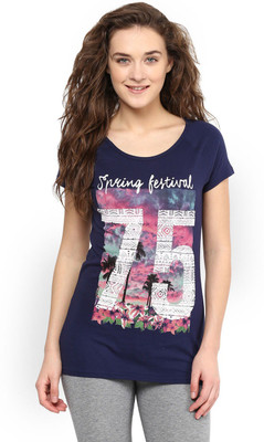

Ajile by Pantaloons Graphic Print Women' Round Neck Blue T-Shirt, Navy