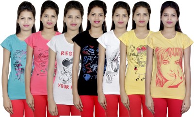 Indistar Printed Women Round Neck Multicolor T-Shirt