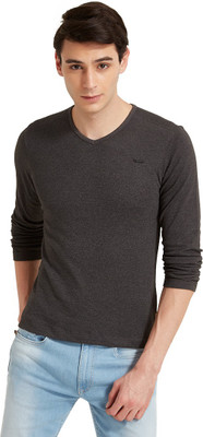 

Flying Machine Solid Men's V-neck Grey T-Shirt, Anthra