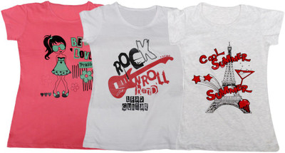 

IndiWeaves Girls Printed T Shirt(Multicolor, Pink & white & gray