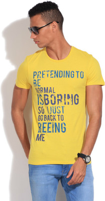 

United Colors of Benetton Printed Men's Round Neck Yellow T-Shirt, 901