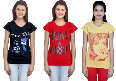 Indistar Printed Women Round Neck Red, Black, Yellow T-Shirt