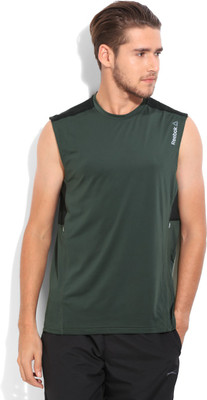 

REEBOK Solid Men's Round Neck Black, Grey T-Shirt