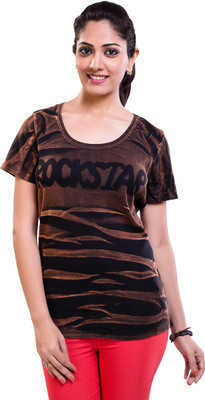 

TVENO Striped Women' Round Neck Brown T-Shirt