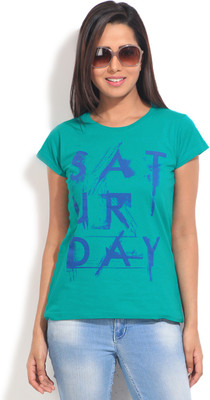 

People Printed Women' Round Neck Blue T-Shirt, Lake blue