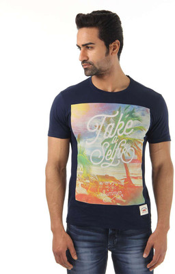 

Flying Machine Graphic Print Men's Round Neck Dark Blue T-Shirt, Navy