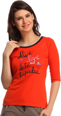 

Clovia Printed Women's Round Neck Orange T-Shirt