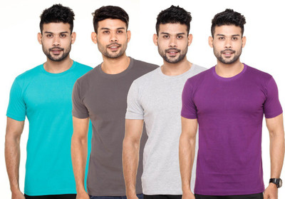 FLEXIMAA Solid Men' Round Neck Green, Grey, Grey, Purple T-Shirt(Pack of 4, Green;grey;purple