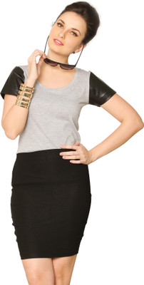 

Miss Chase Solid Women's Round Neck Grey, Black T-Shirt, Grey melange