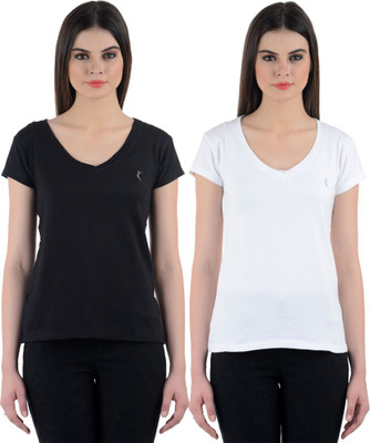 

Ultra Fit Solid Women's V-neck Multicolor T-Shirt(Pack of 2), Black;owhite
