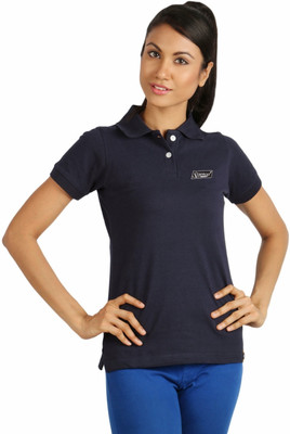 

Campus Sutra Solid Women' Polo Neck Blue T-Shirt