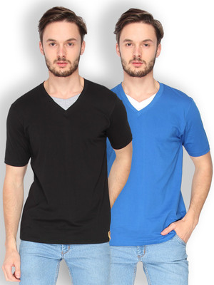 

Campus Sutra Solid Men V-neck Black, Blue T-Shirt(Pack of 2), Black;dark blue