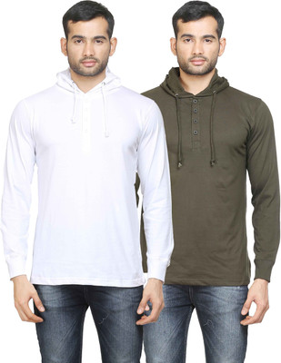 

Poshuis Solid Men's Hooded White, Dark Green T-Shirt(Pack of 2, White and military green