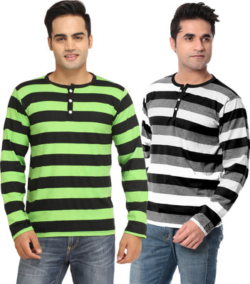 Leana Striped Men's Fashion Neck Multicolor T-Shirt(Pack of 2, Multi - text