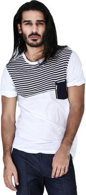 Mr Button Striped Men' Round Neck White T-Shirt