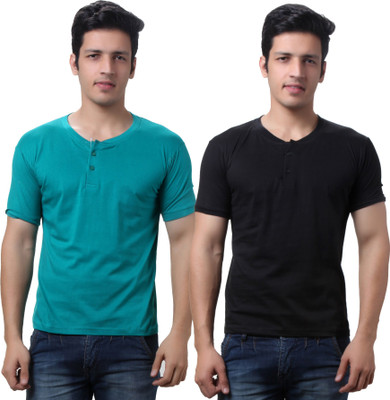 

TeeMoods Solid Men's Henley Black, Green T-Shirt(Pack of 2), Black;rama green