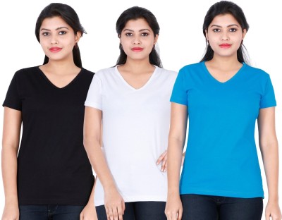 Fleximaa Solid Women V Neck Multicolor T-Shirt