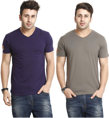 

Gritstones Solid Men's V-neck Blue, Grey T-Shirt(Pack of 2), Navy;steel grey