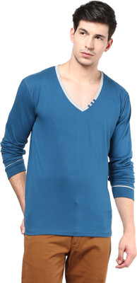 

Izinc Color block Men V-neck Light Blue T-Shirt