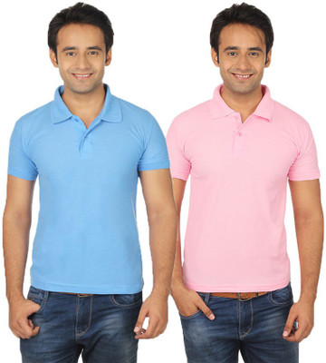 

Quetzal Solid Men's Polo Neck Pink, Blue T-Shirt(Pack of 2, Pink;sky blue