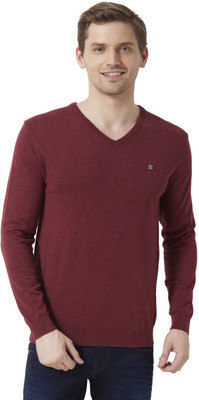 

Peter England Solid Men' V-neck Maroon T-Shirt
